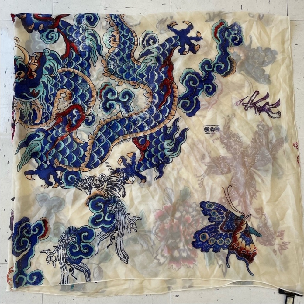 Auth ROBERTO CAVALLI S/S 2003 Dragon Tattoo Silk Scarf